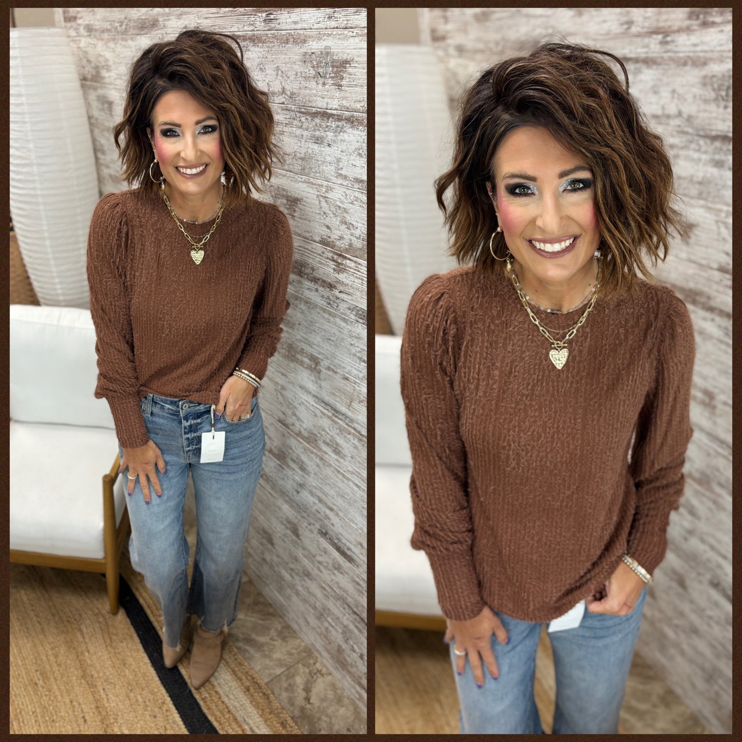 Red Brown Fuzzy Knit Puff Sleeve Top