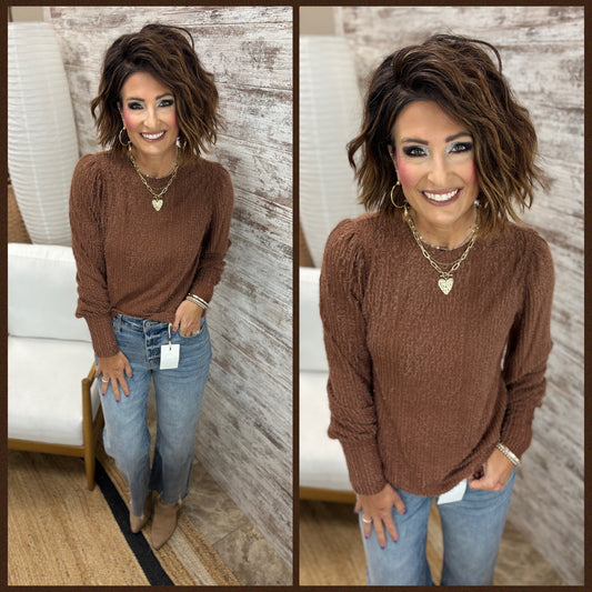 Red Brown Fuzzy Knit Puff Sleeve Top