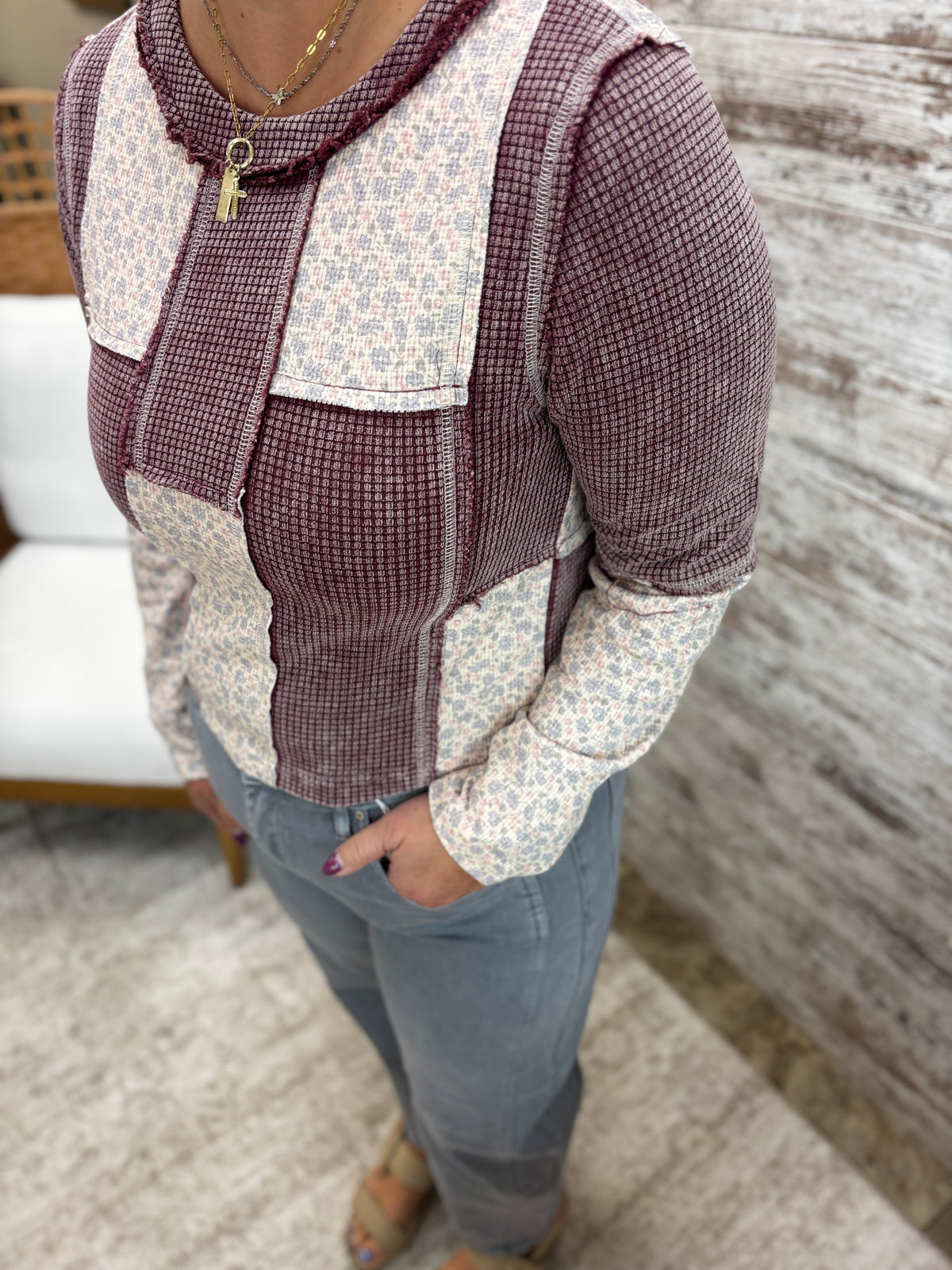 Burgendy Multi Patchwork Waffle Knit Top