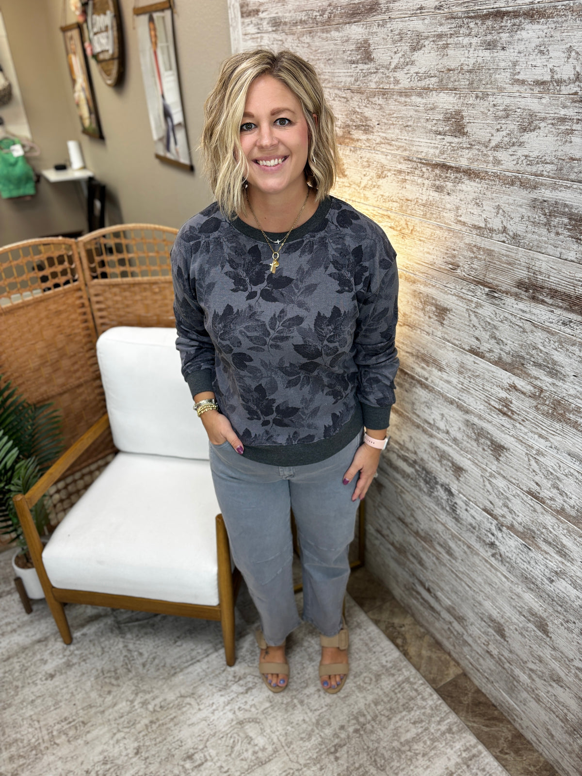 Grey Floral Crew Neck Lightweight Sweater