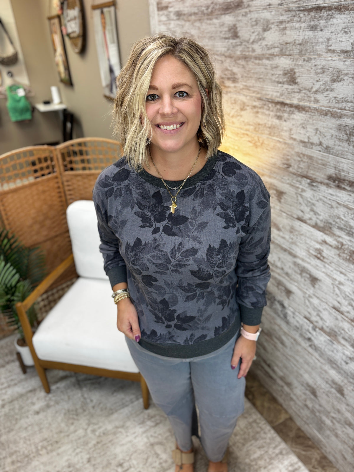 Grey Floral Crew Neck Lightweight Sweater