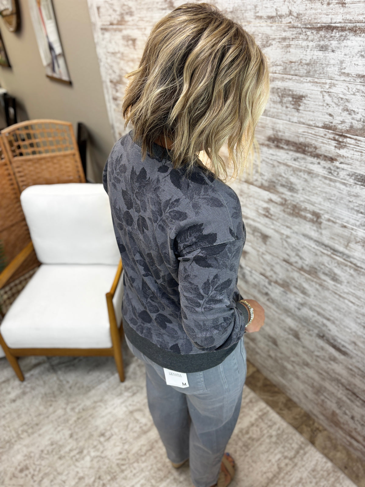 Grey Floral Crew Neck Lightweight Sweater