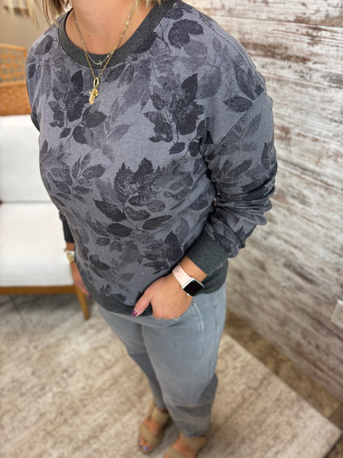 Grey Floral Crew Neck Lightweight Sweater