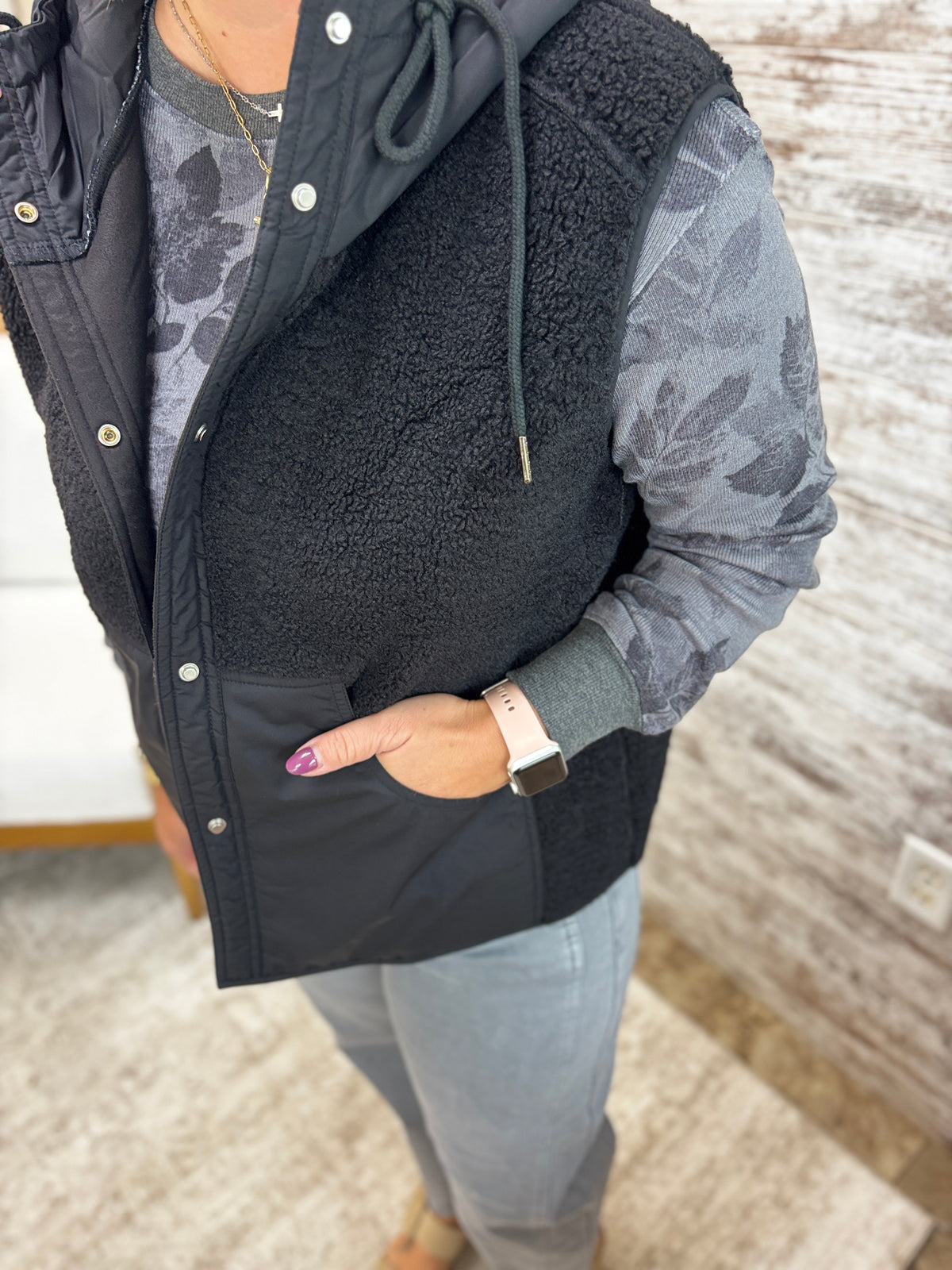 Black Sherpa Hooded Vest
