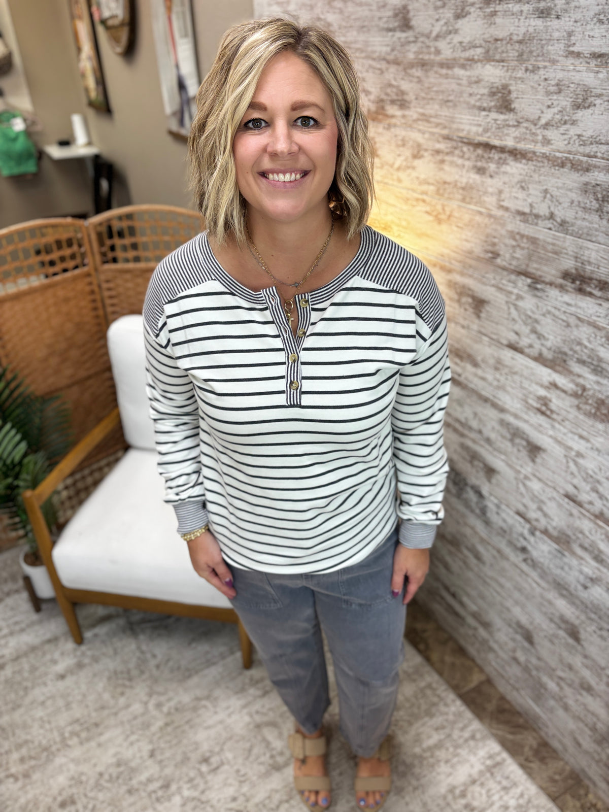 Ivory/Charcoal Half Button Crew Neck
