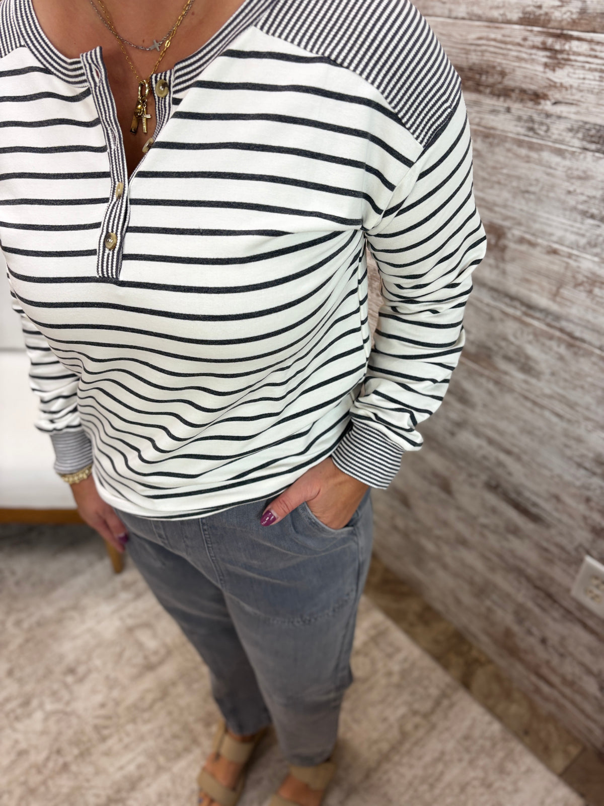 Ivory/Charcoal Half Button Crew Neck