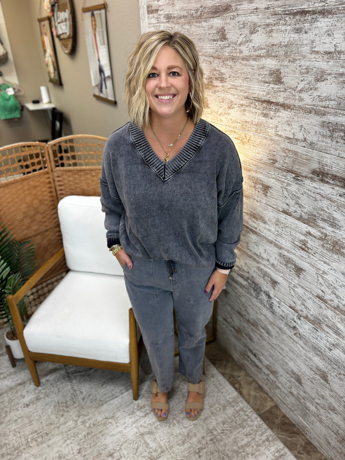 Washed Black V Neck Sweater