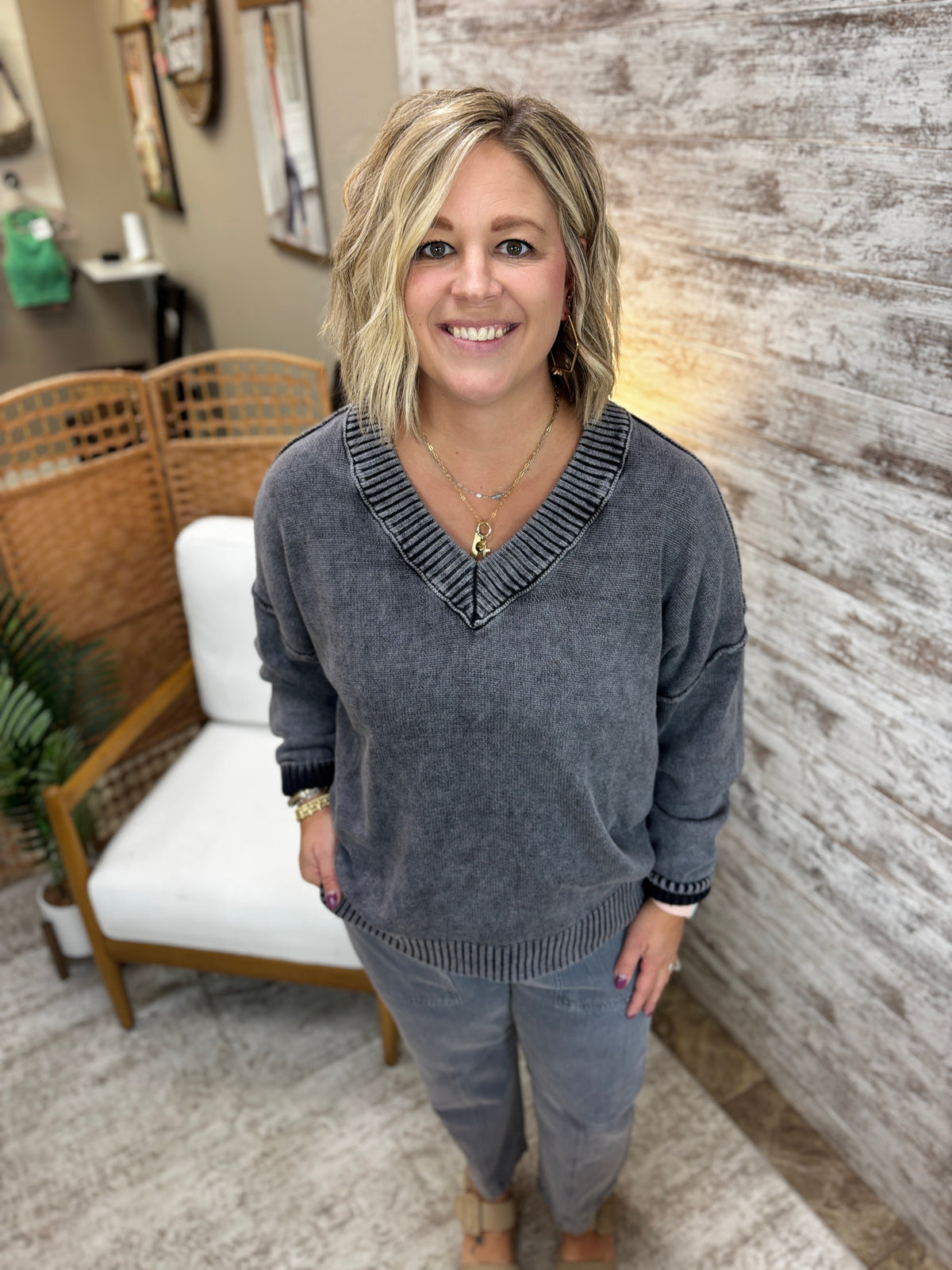 Washed Black V Neck Sweater