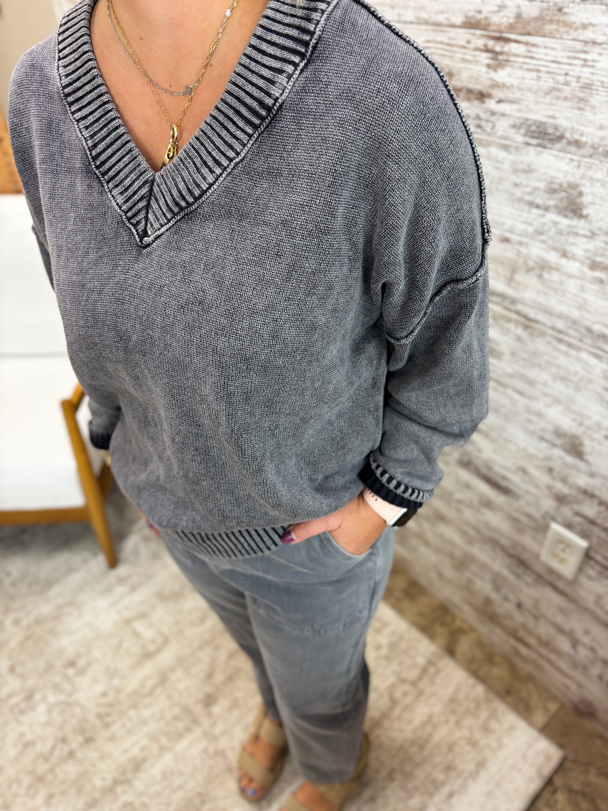 Washed Black V Neck Sweater