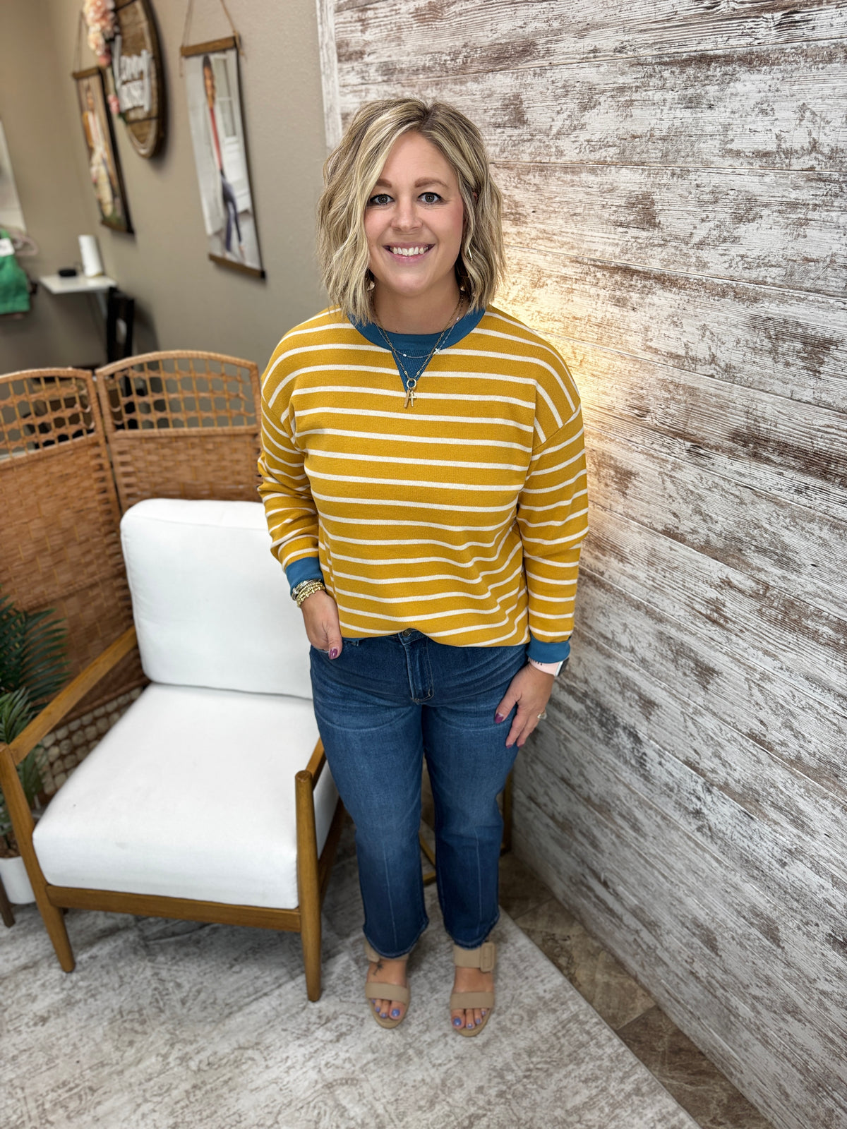 Mustard Striped Color Contrast Crew