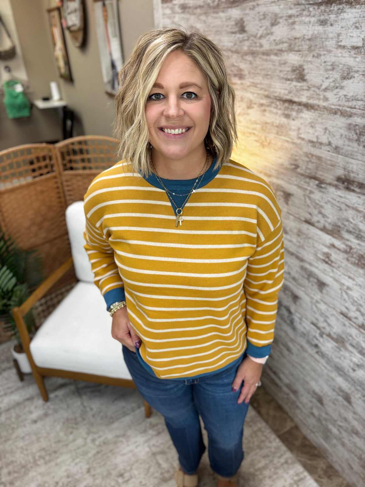 Mustard Striped Color Contrast Crew