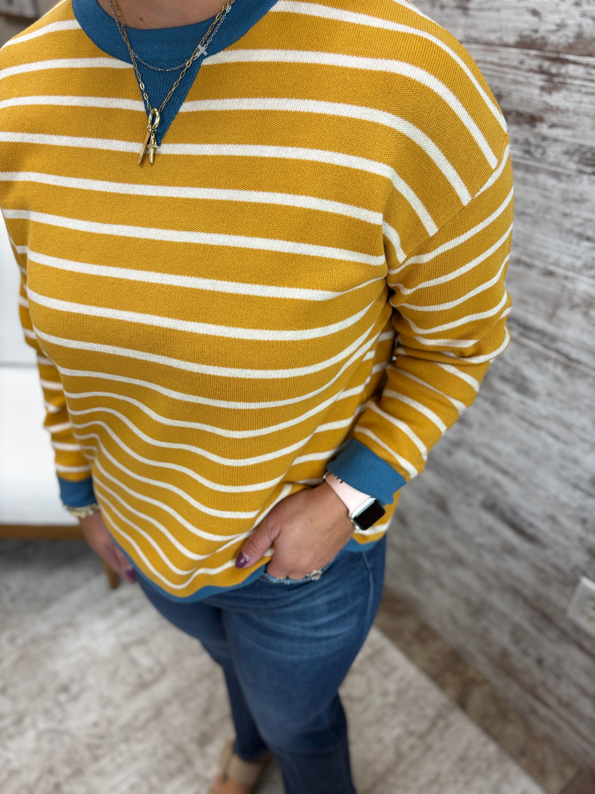 Mustard Striped Color Contrast Crew
