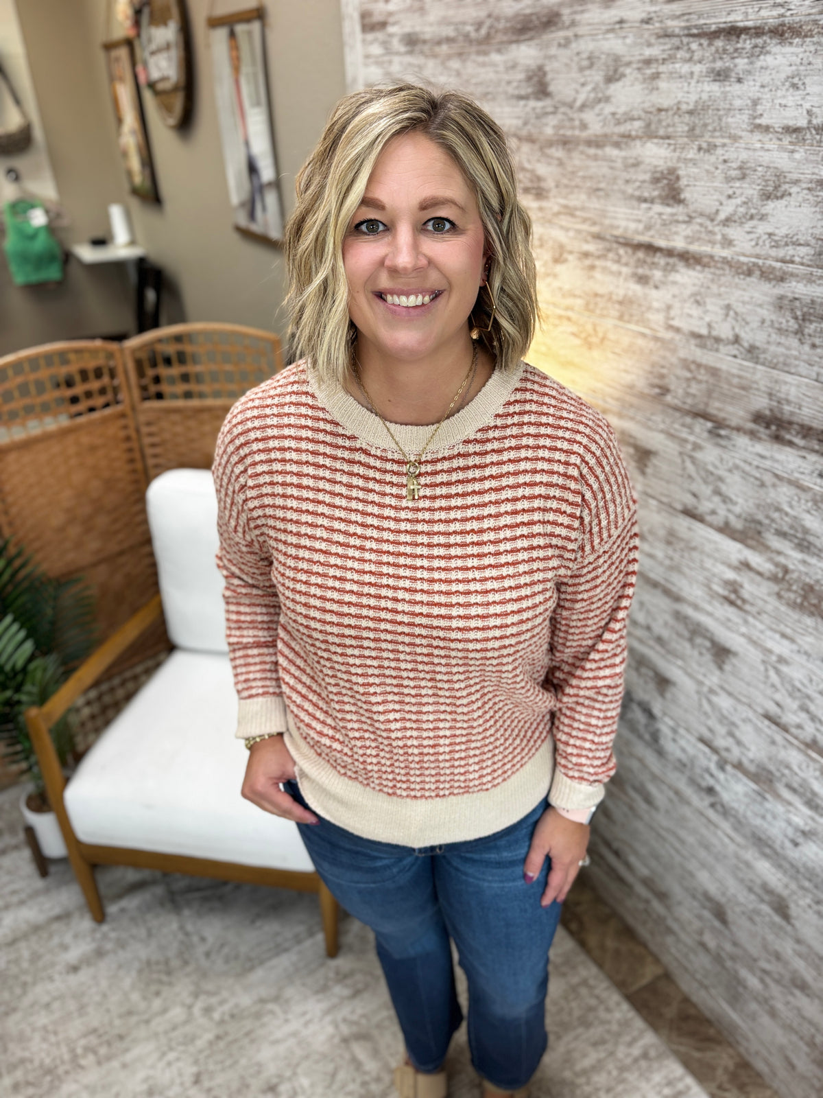 Rust Striped Waffle Knit Sweater