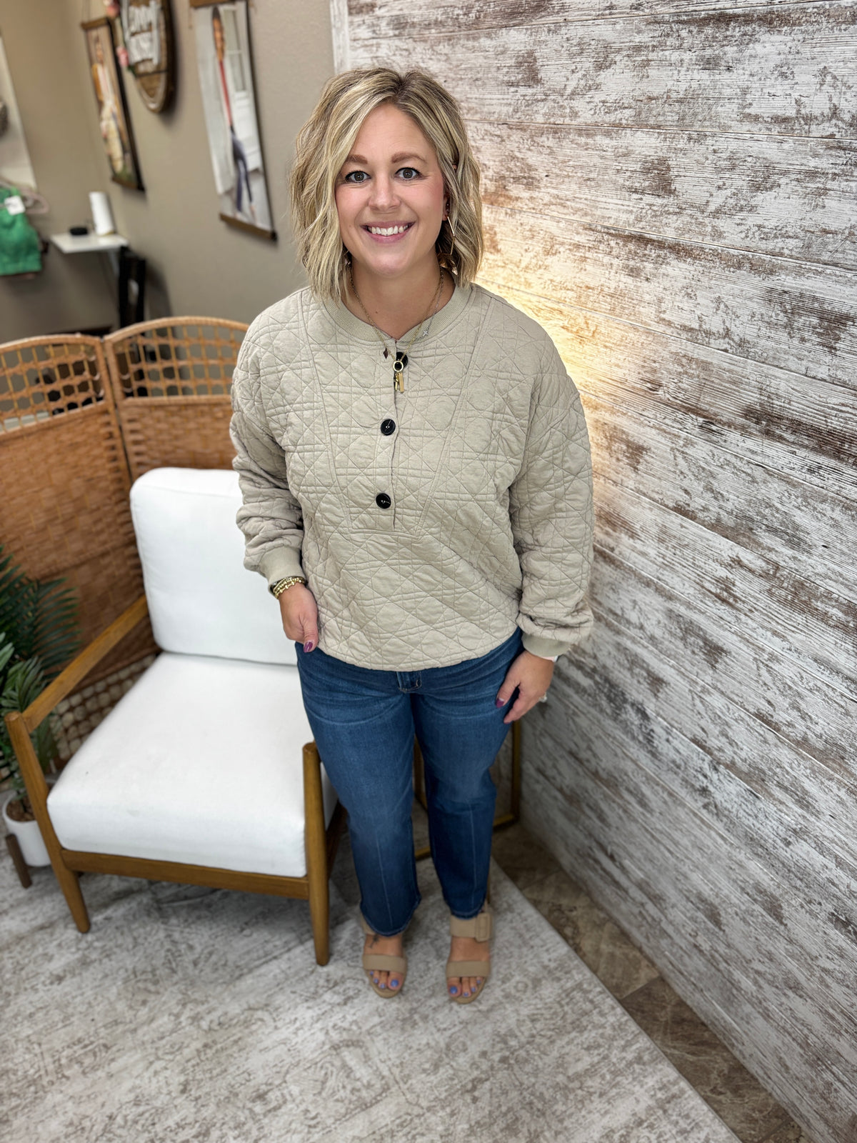 Greige Quilted Half Button Sweatshirt
