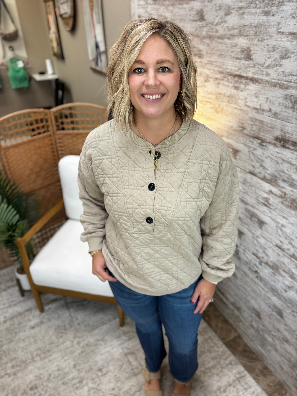 Greige Quilted Half Button Sweatshirt