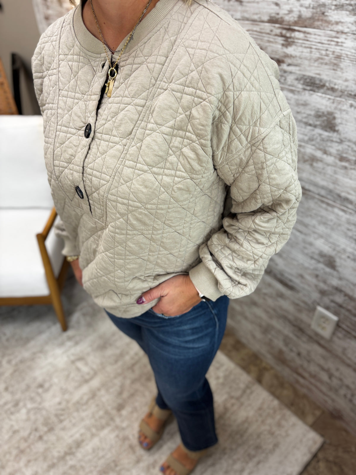 Greige Quilted Half Button Sweatshirt