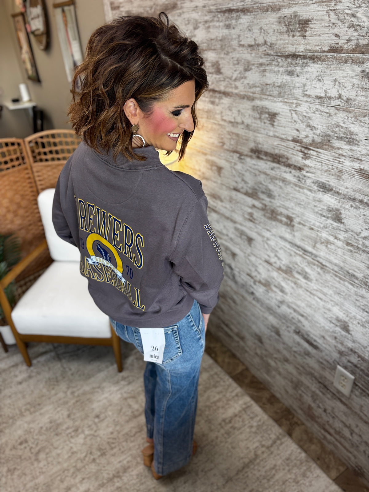 Brewers Baseball LAT Charcoal Mockneck Crew ~ Ladies