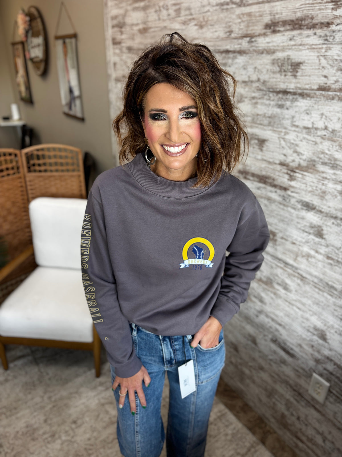 Brewers Baseball LAT Charcoal Mockneck Crew ~ Ladies