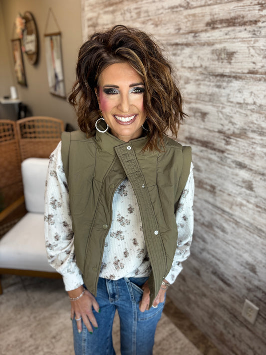 Olive Mock Neck Snap Puffer Vest