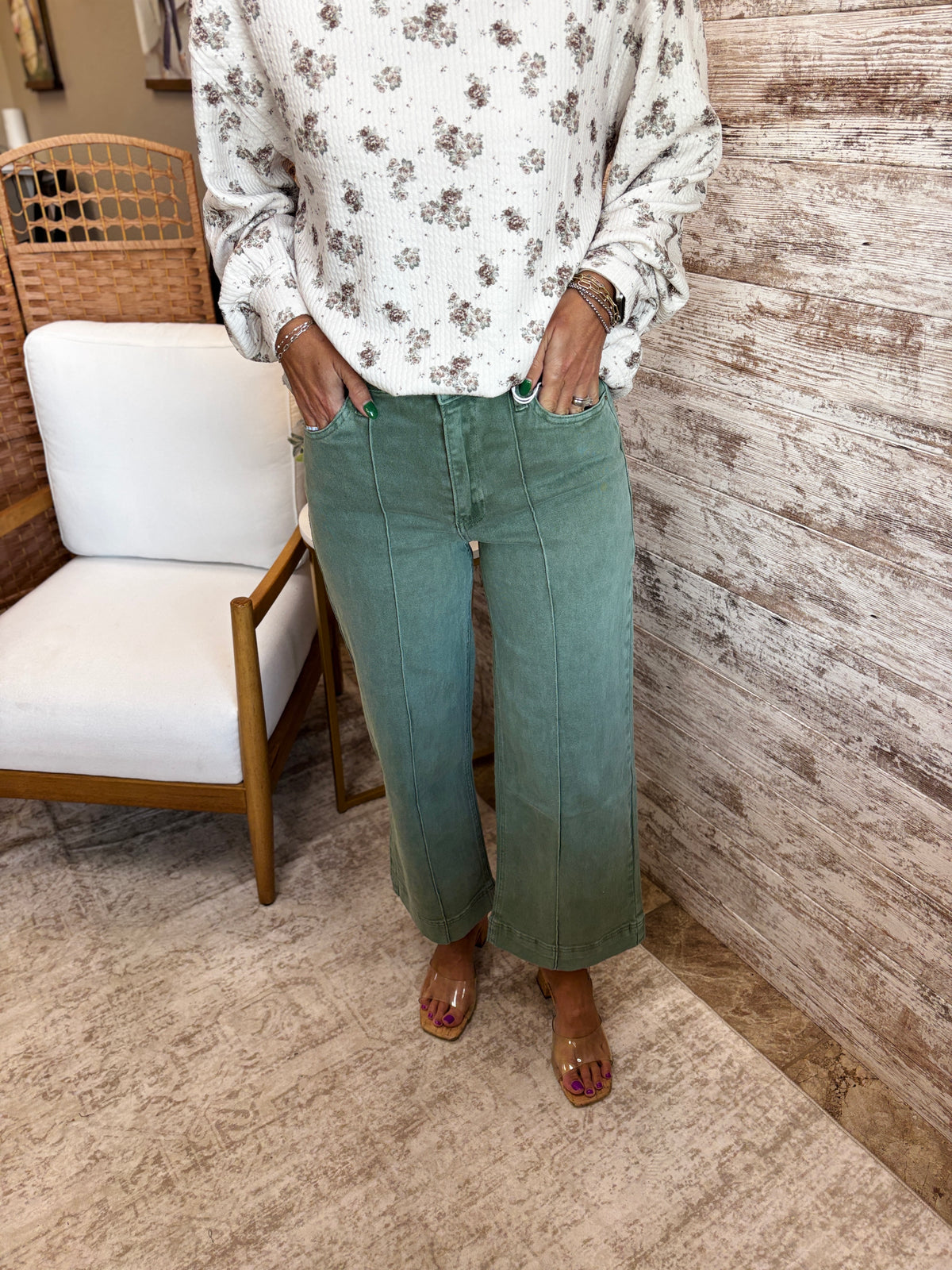 Olive Zenana High Rise Wide Leg Pintuck Color Denim Pants