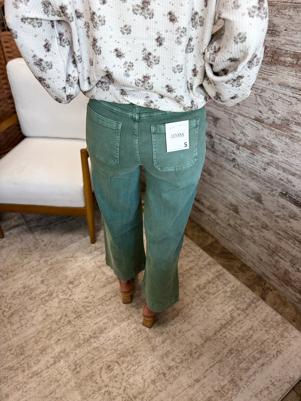 Olive Zenana High Rise Wide Leg Pintuck Color Denim Pants