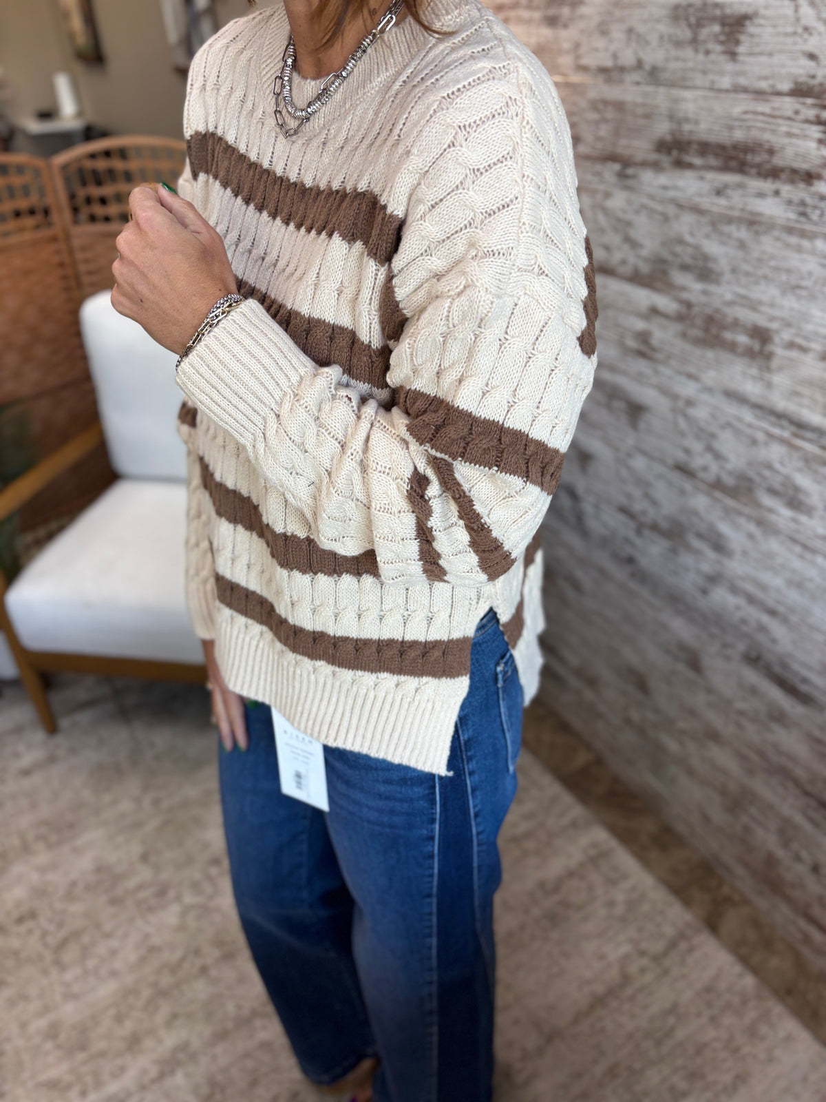 Oatmeal/mocha Striped Cable Knit Sweater