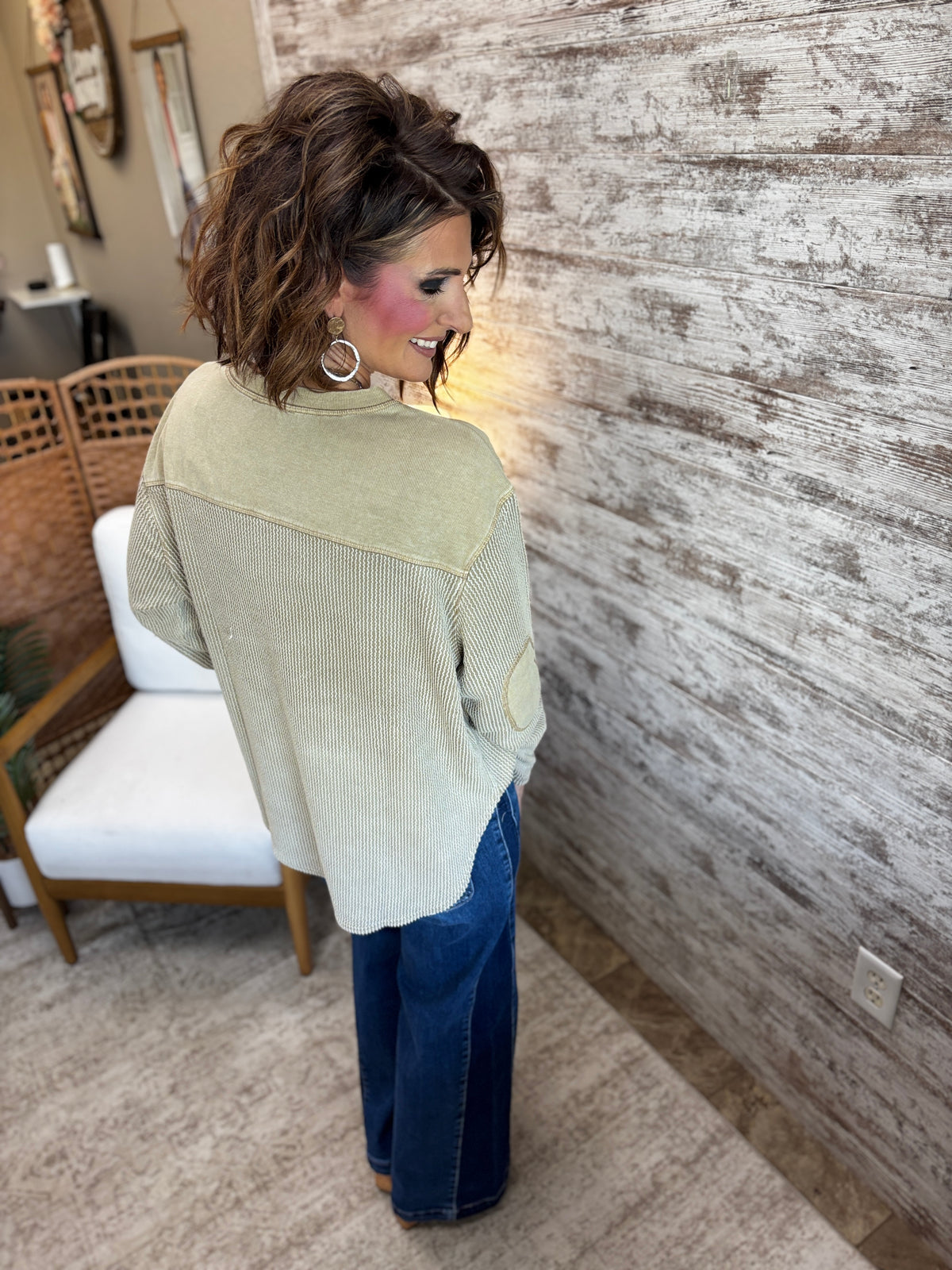 Brown Texture Washed Long Sleeve Knit Top
