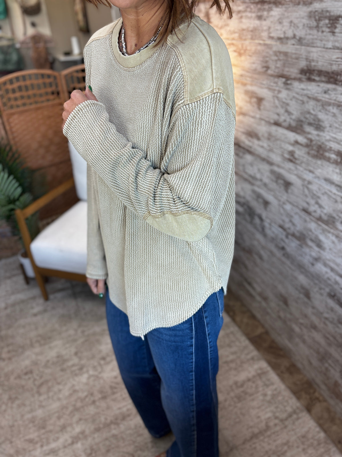 Brown Texture Washed Long Sleeve Knit Top