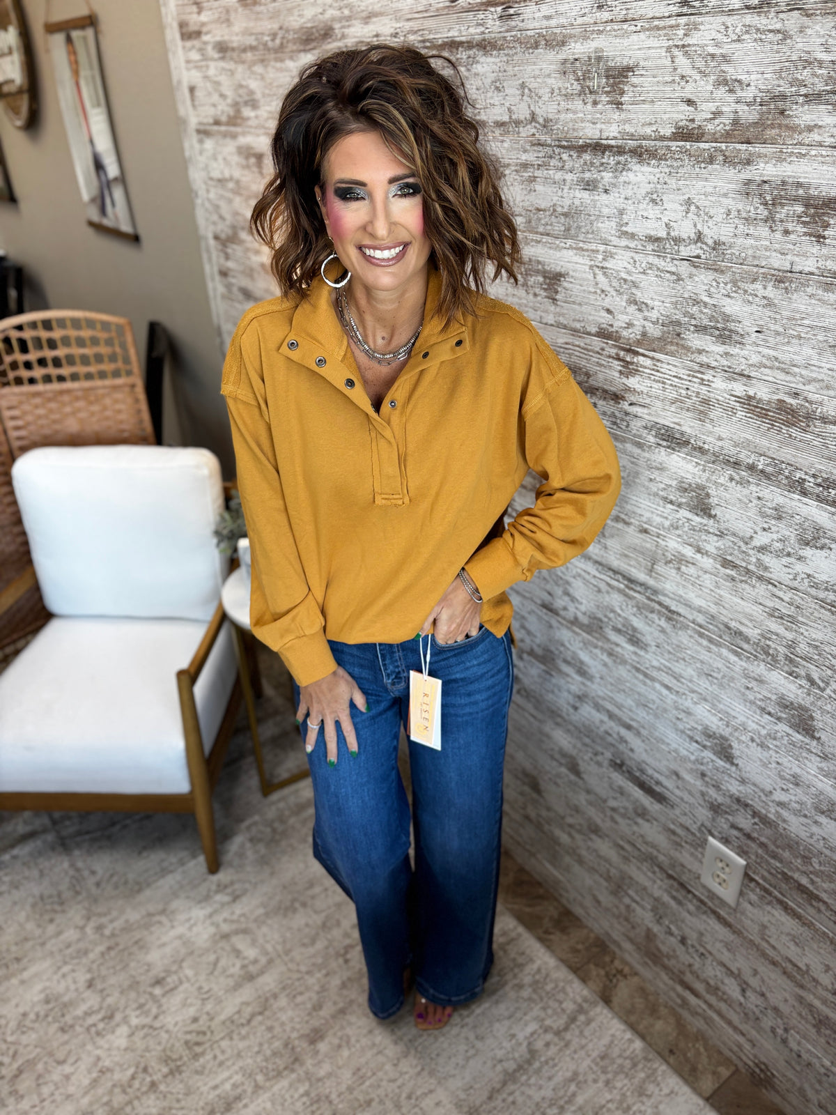 Mustard Funnel Neck Snap Button Sweatshirt