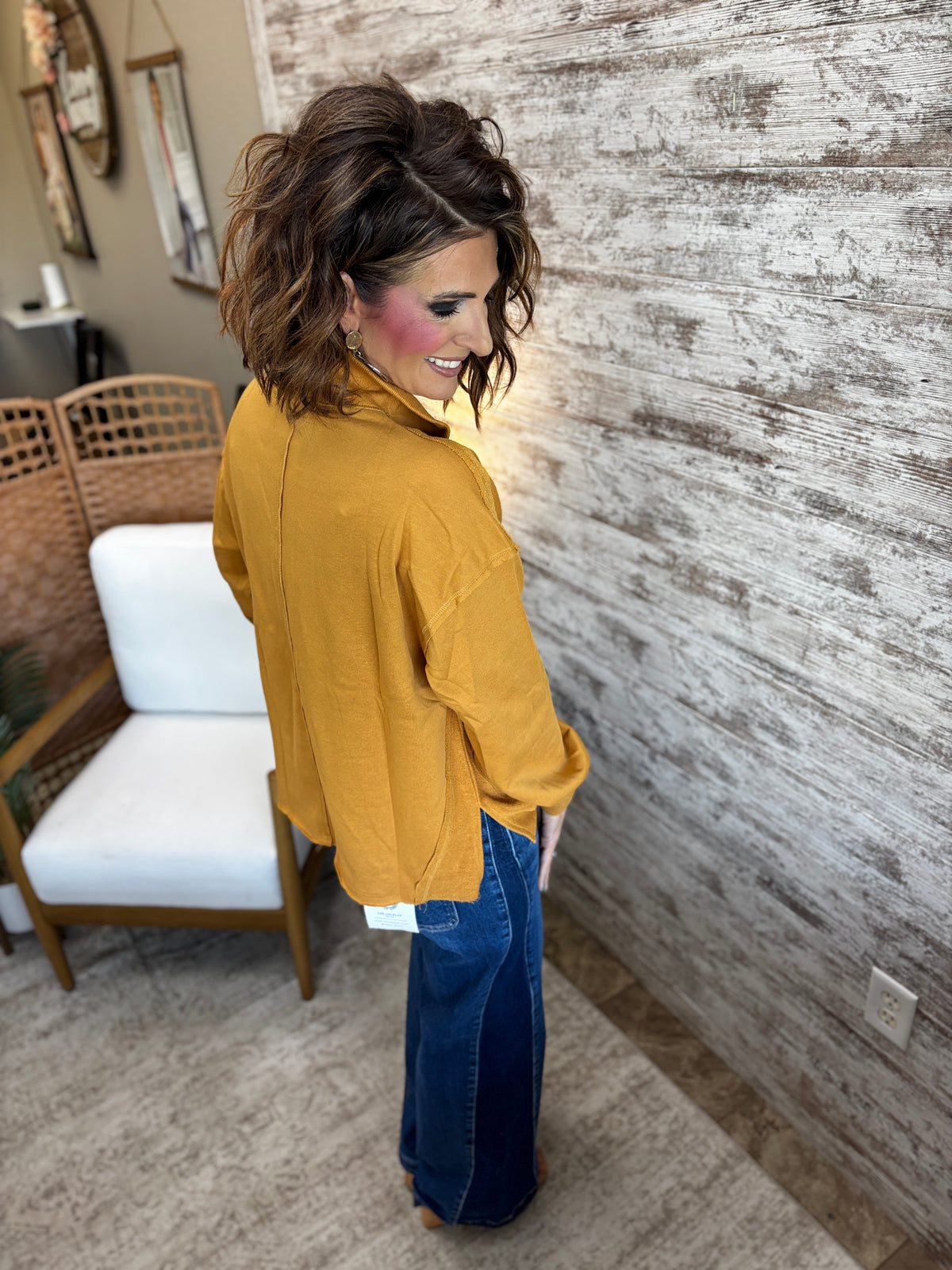Mustard Funnel Neck Snap Button Sweatshirt