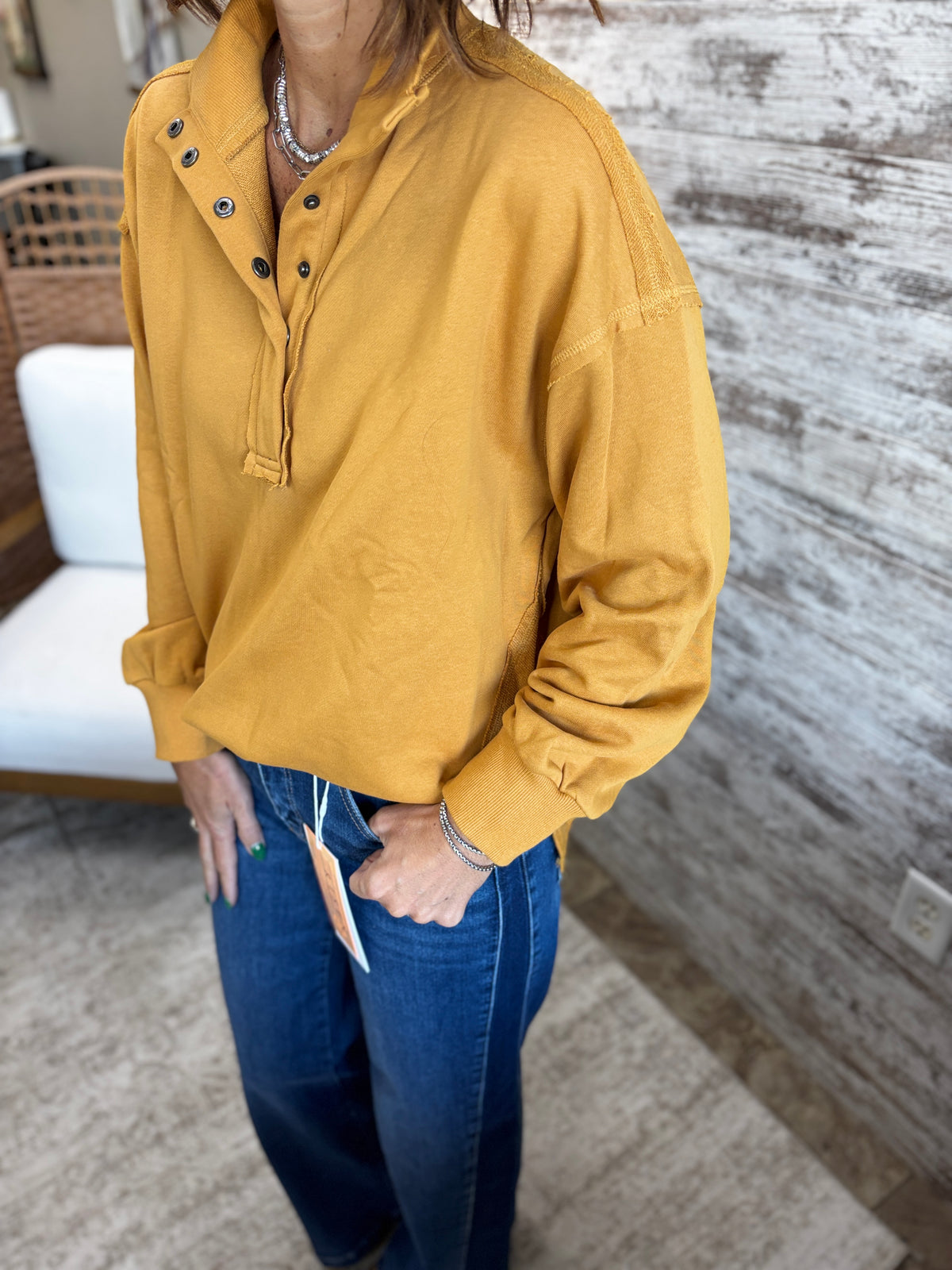 Mustard Funnel Neck Snap Button Sweatshirt