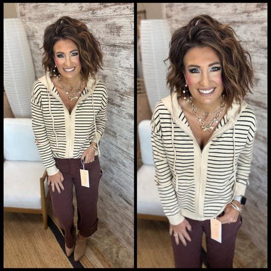Taupe Striped Zip Up Sweater
