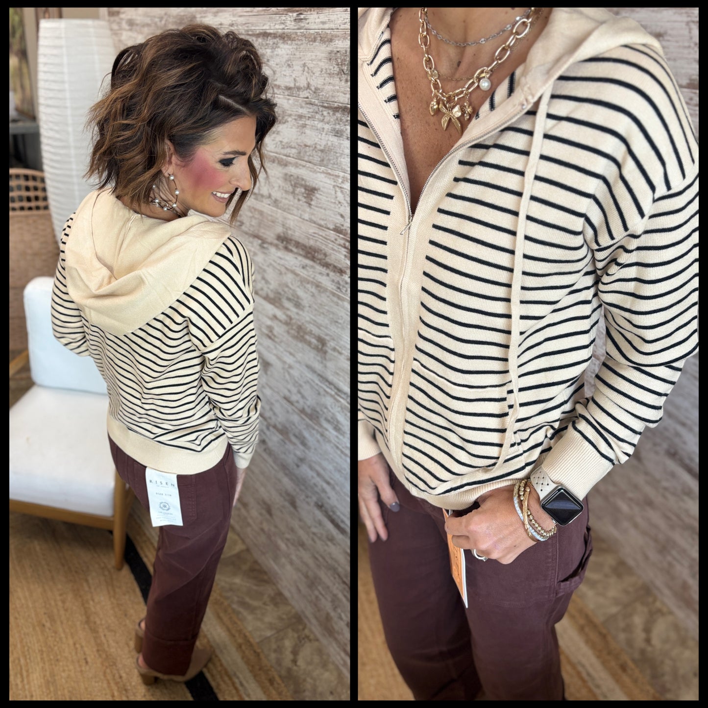 Taupe Striped Zip Up Sweater