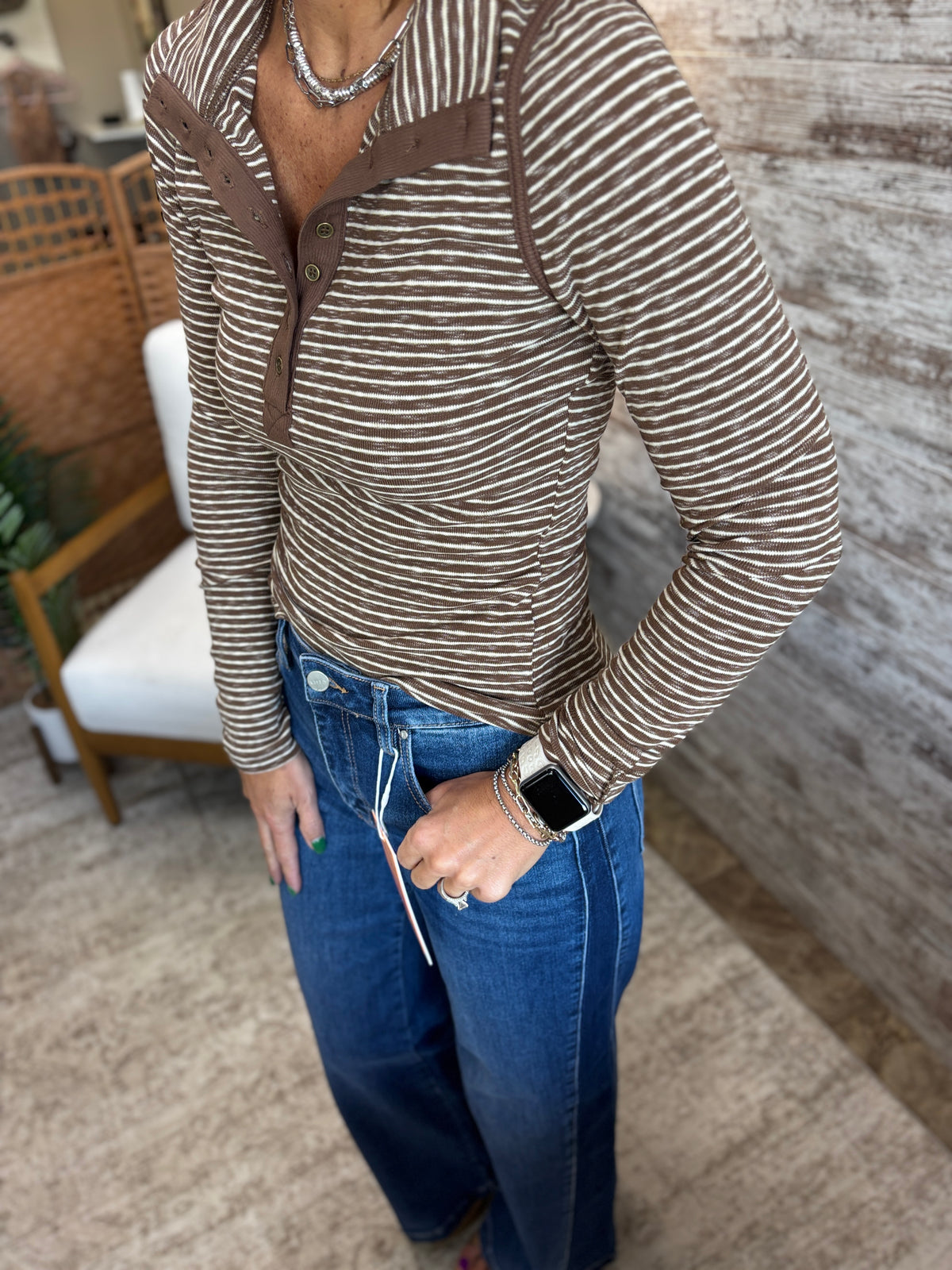 Mocha Long Sleeve Striped Henley Top