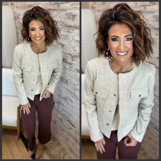 Oatmeal Solid Knit Button Down Jacket