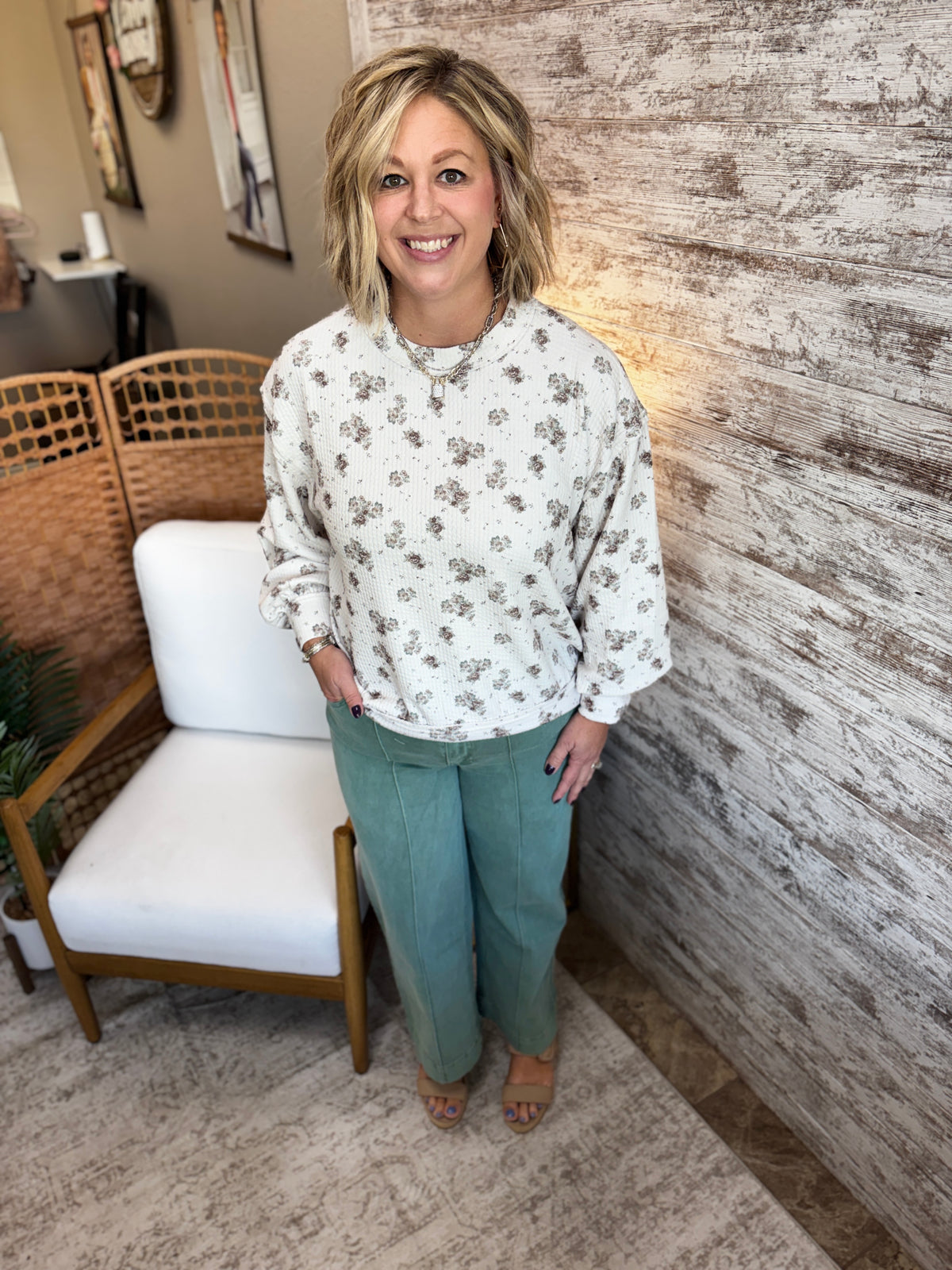 Cream Floral Dot Long Sleeve Knit Top