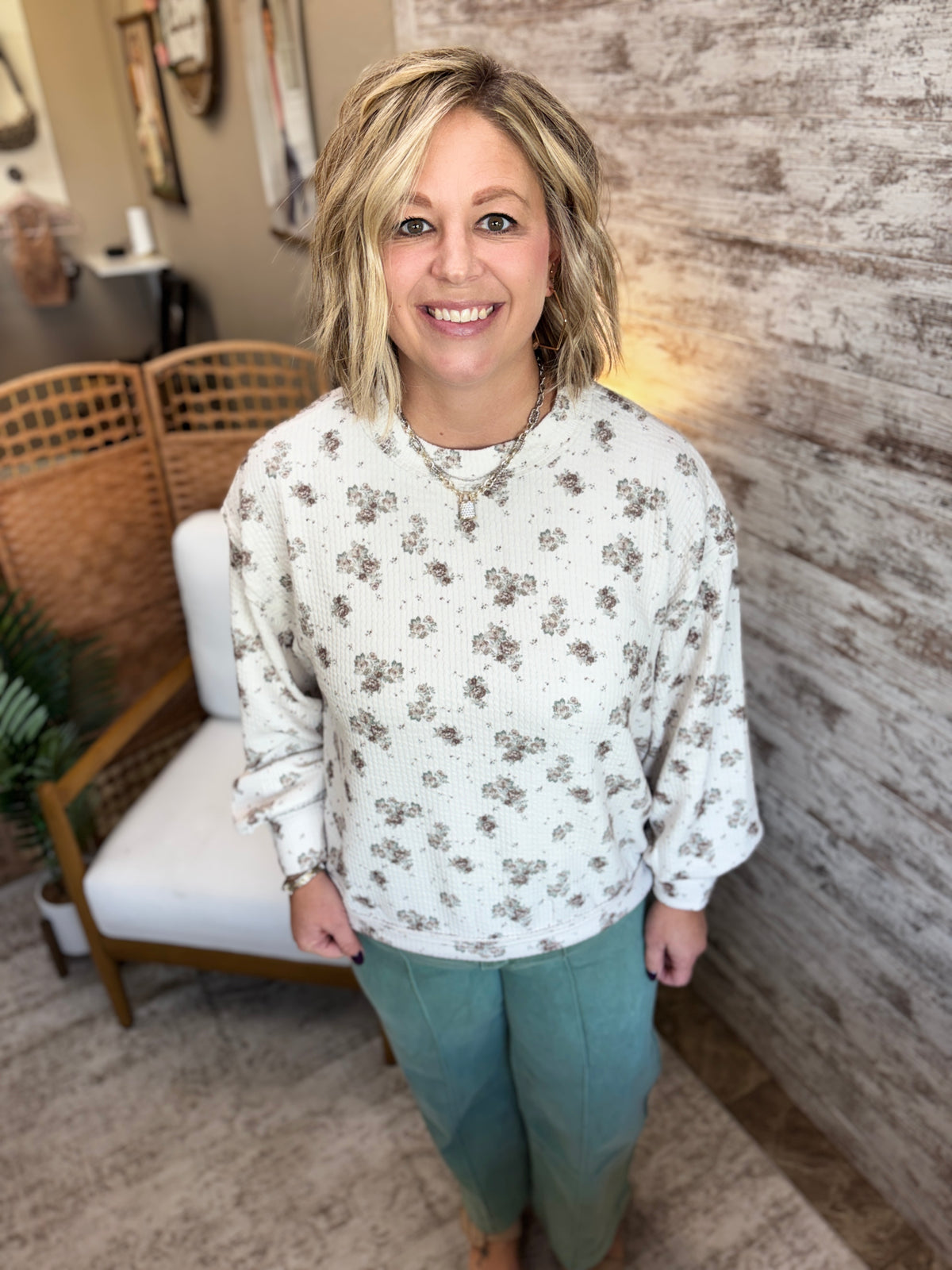Cream Floral Dot Long Sleeve Knit Top
