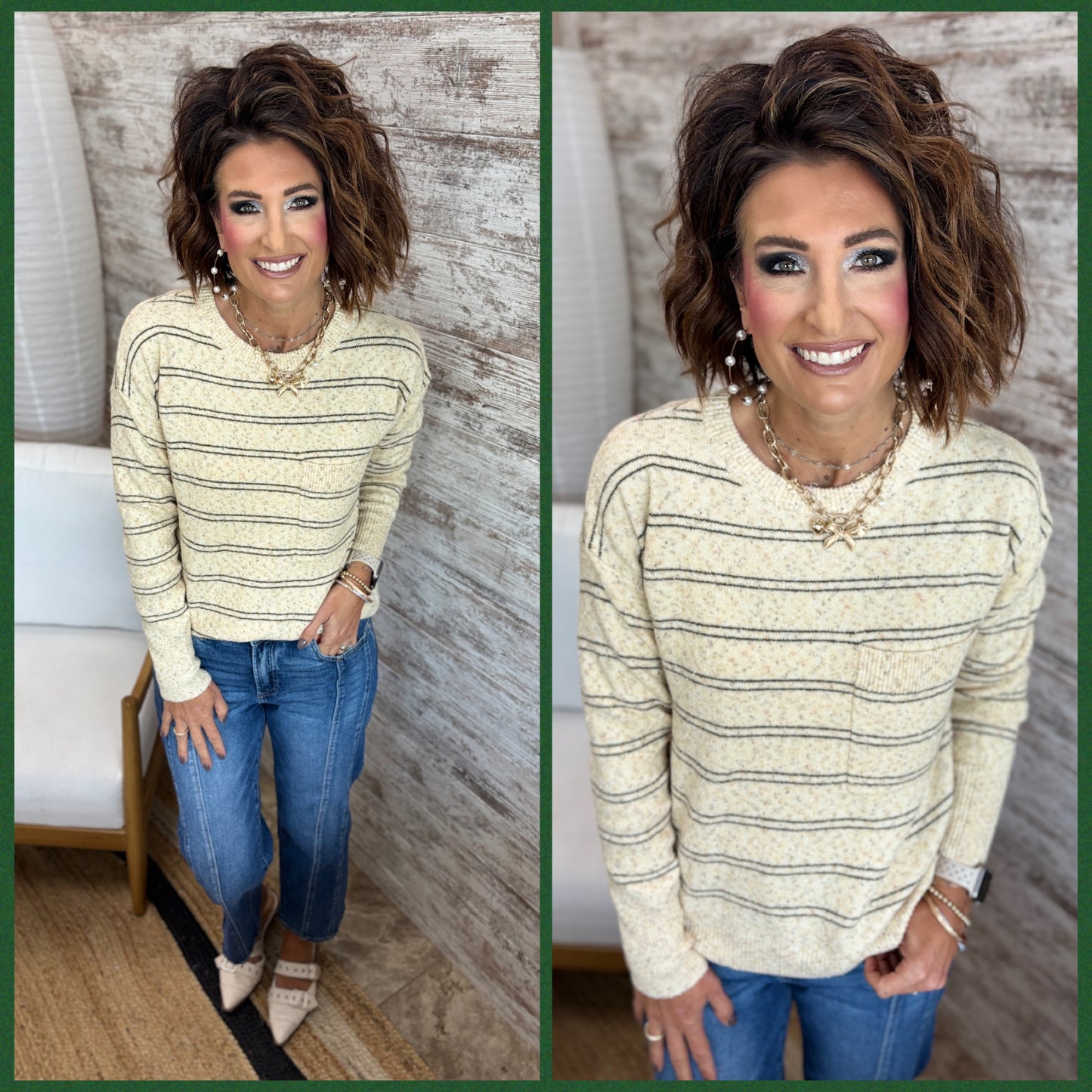 Sprinkled Yarn Stripe Sweater with Chest Pocket ~ 2 Colors