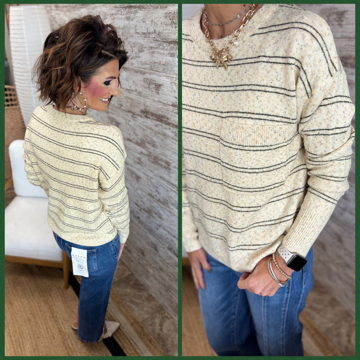 Sprinkled Yarn Stripe Sweater with Chest Pocket ~ 2 Colors