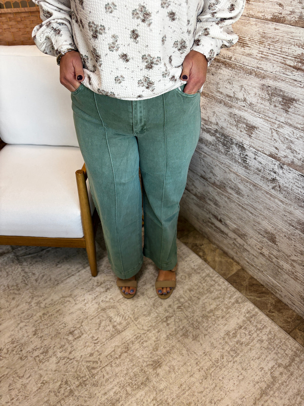 Olive Zenana High Rise Wide Leg Pintuck Color Denim Pants