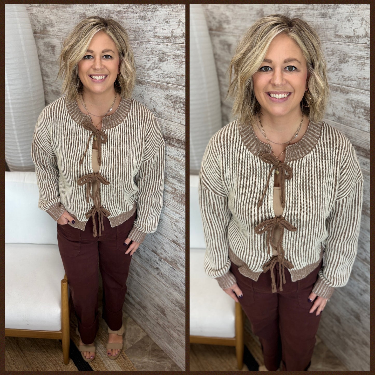 Mocha Front Tie Two Tone Cardidgan