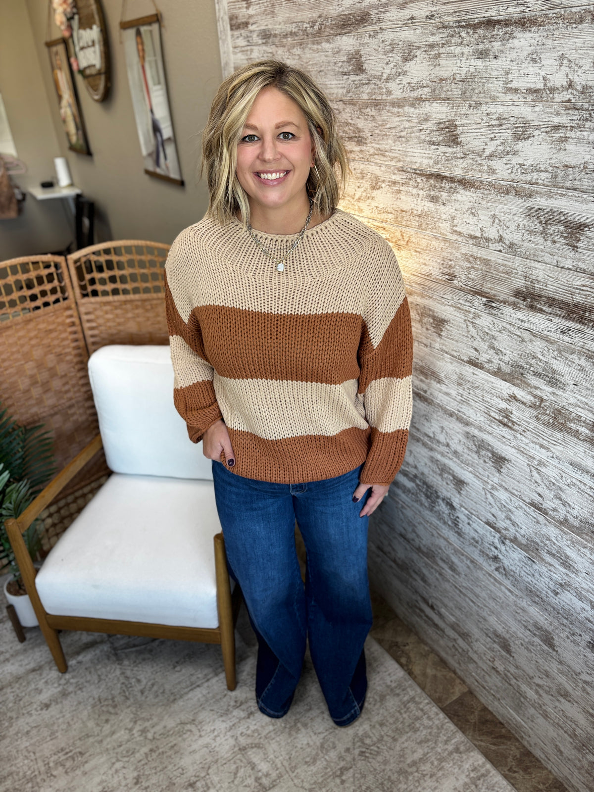 Caramel Chunky Color Block Knit Sweater