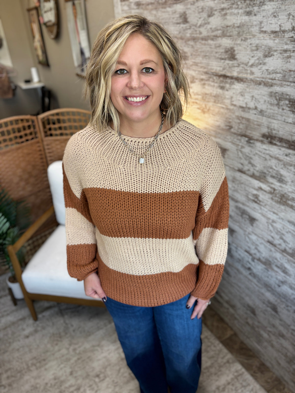 Caramel Chunky Color Block Knit Sweater