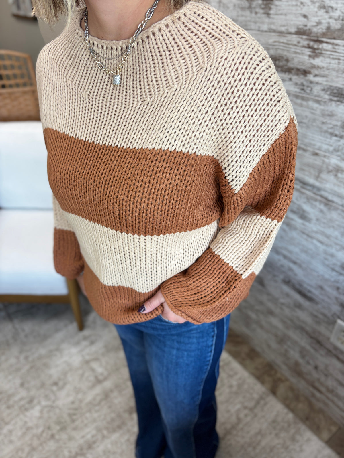 Caramel Chunky Color Block Knit Sweater
