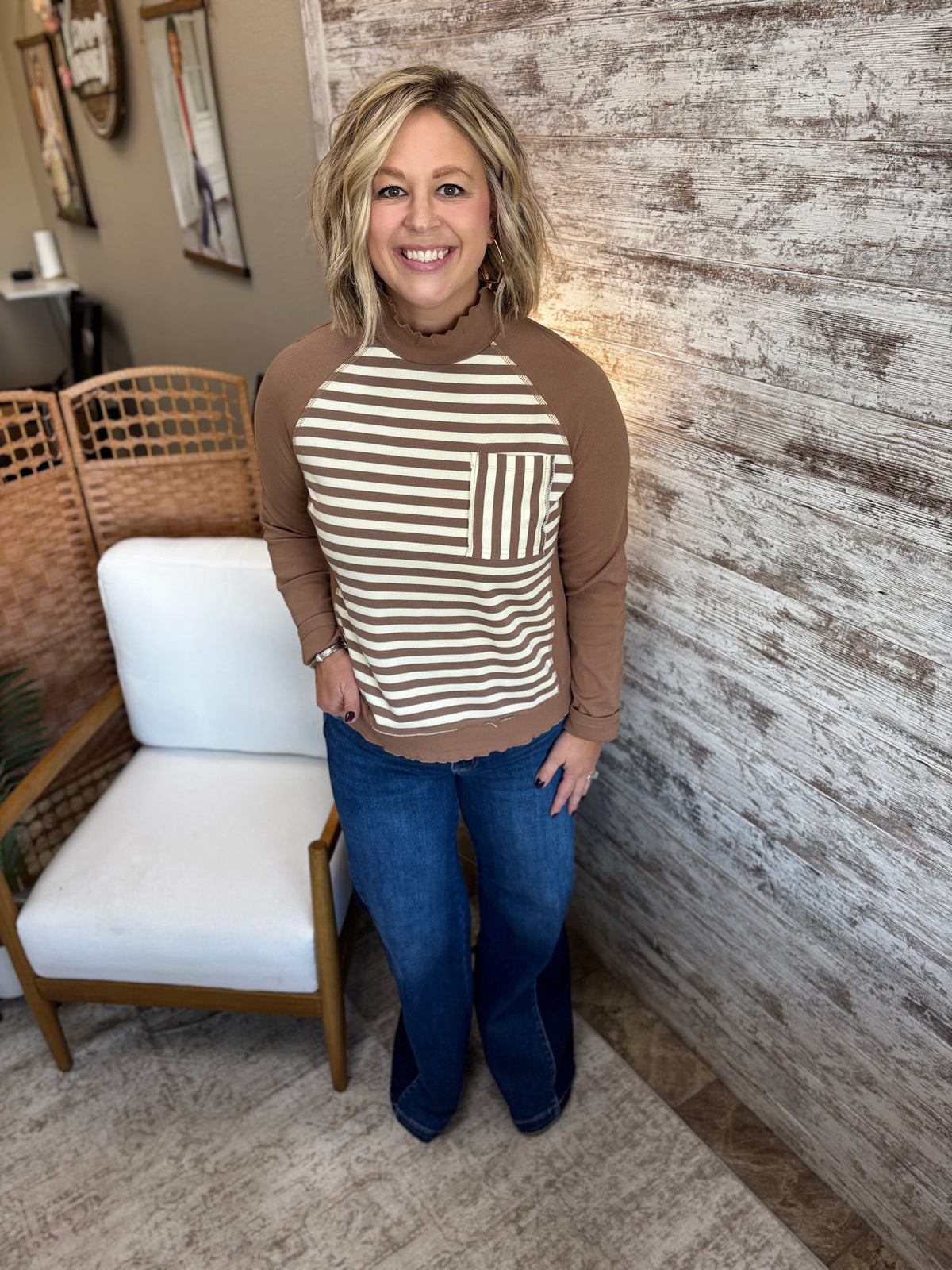 Cocoa Striped and Rib Mix Mock Neck Top