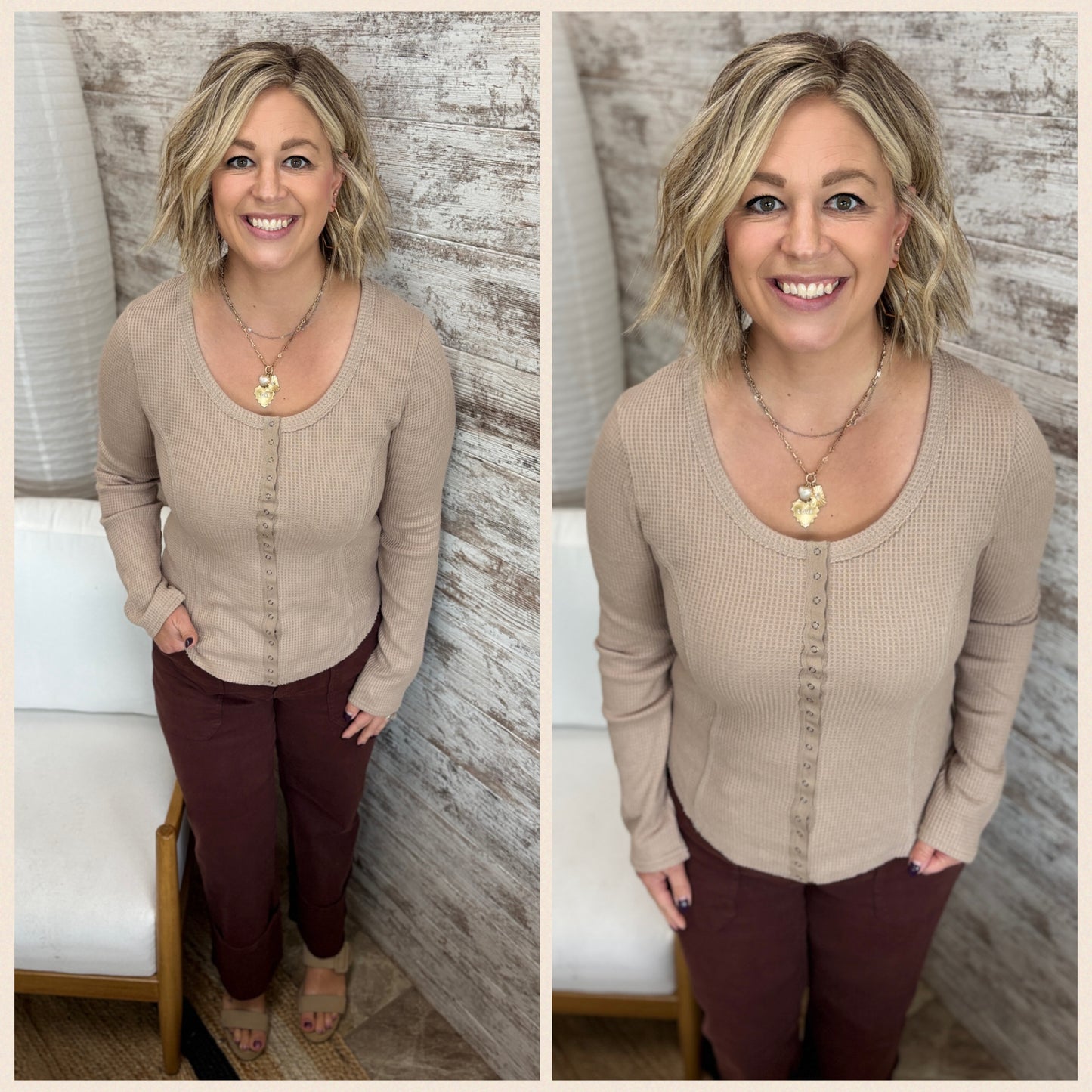 Snap Button Down Waffle Knit Top ~ 4 Colors