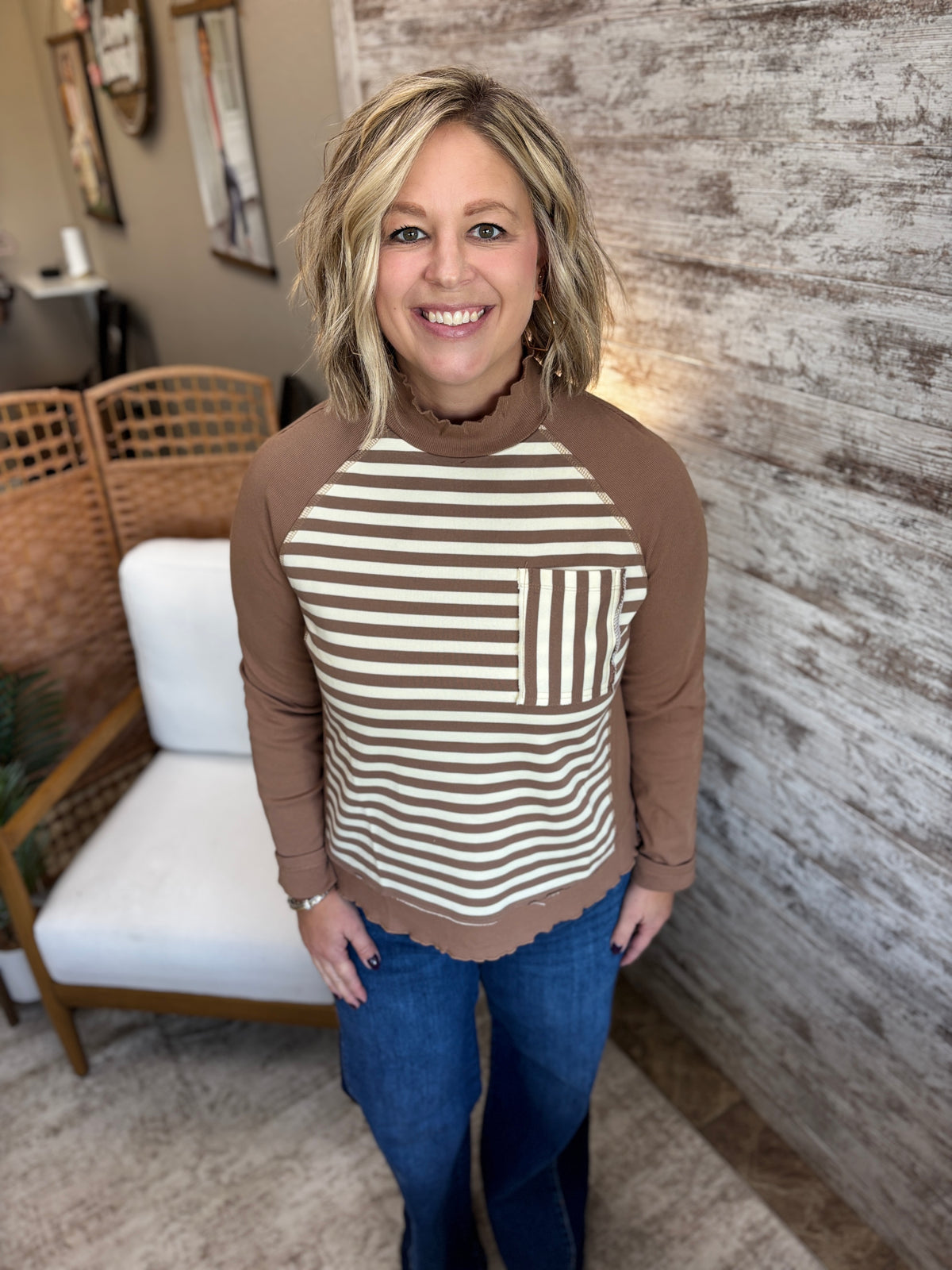 Cocoa Striped and Rib Mix Mock Neck Top