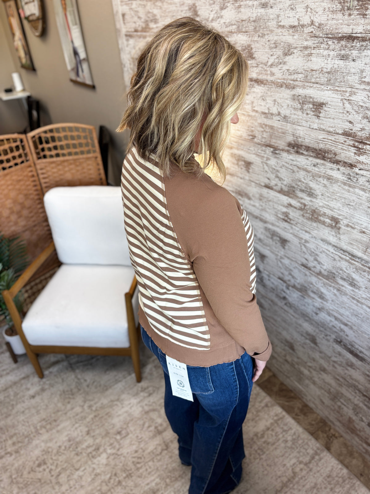 Cocoa Striped and Rib Mix Mock Neck Top