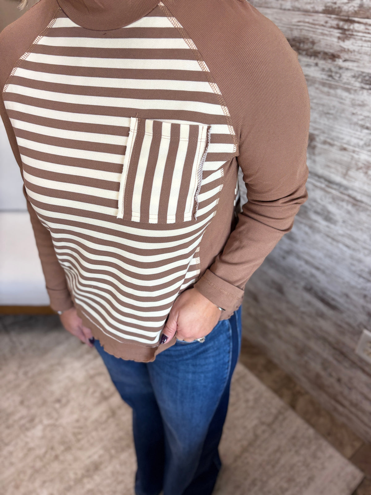 Cocoa Striped and Rib Mix Mock Neck Top