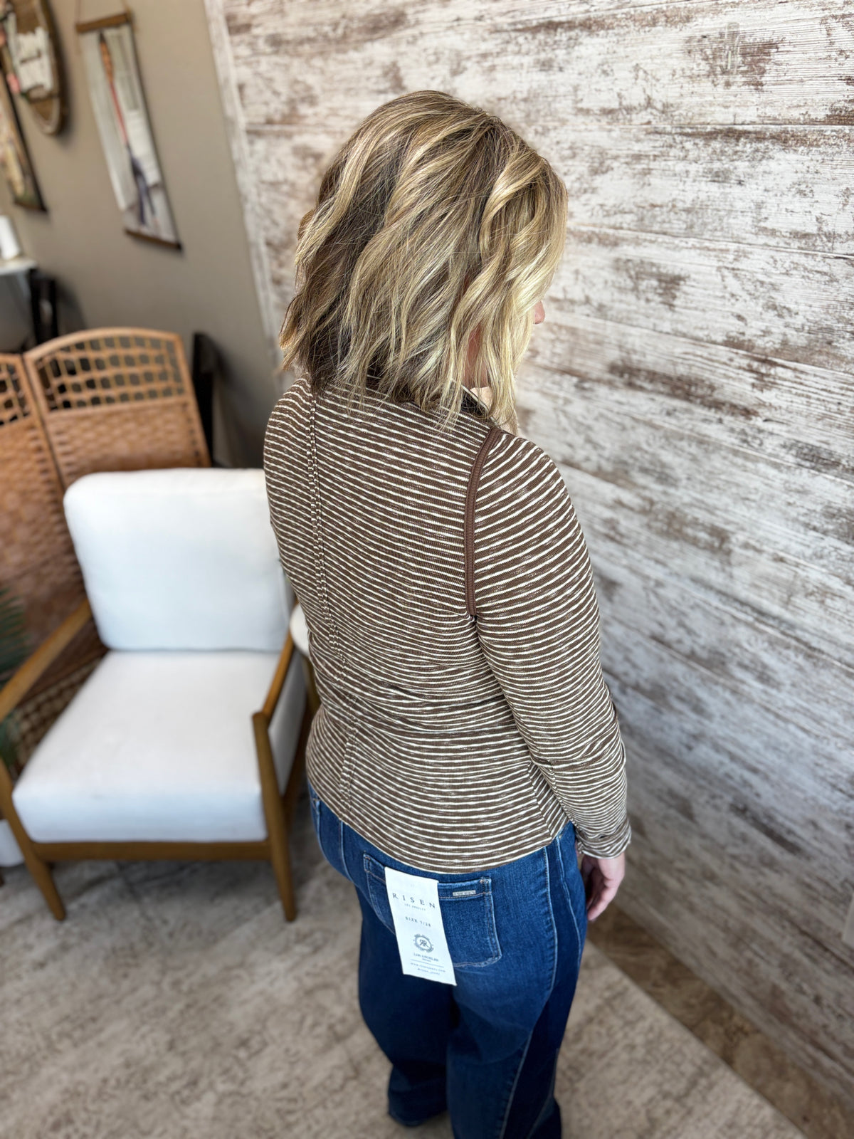 Mocha Long Sleeve Striped Henley Top